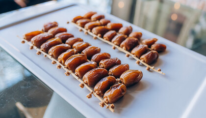 Rows of delicious dates on skewers ready for serving.
