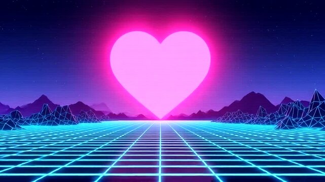 Retro Neon Heart Grid Landscape Animation.
