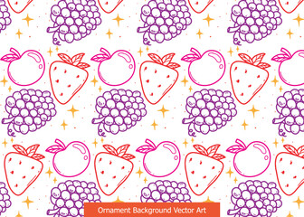 Hand-drawn seamless pattern featuring various fruits like grapes, strawberries, and apples with decorative stars on a light background.