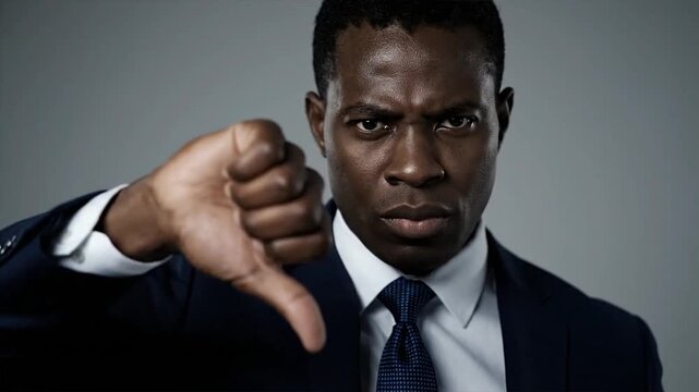 Businessman in Suit Showing Thumbs Down Gesture.