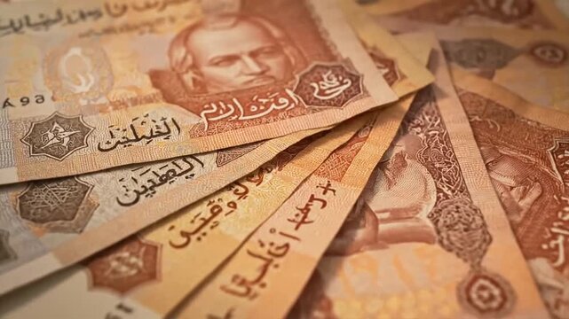 Close up of currency notes with arabic script on light surface