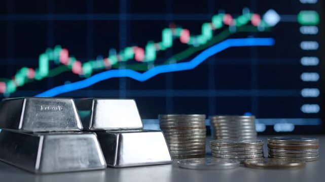 Stacks of silver bars and coins on a table with a financial graph trending upward in the background