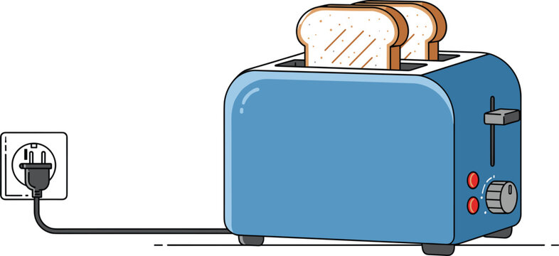 Blue kitchen toaster with two slices of bread and a plug in a socket on white kitchen appliance breakfast
