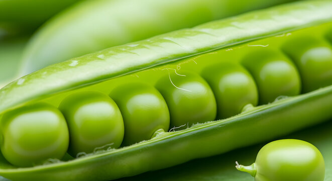 Close up photography showing a row of round organic peas inside an open green pod shell