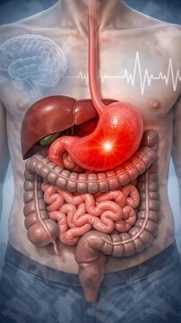Stress digestion and physical pain symptoms anatomy with stomach and intestine organ illustration showing male torso digestive health problem and body symptoms connection under stress