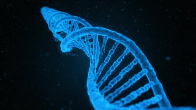 DNA double helix structure glows in the darkness to symbolize groundbreaking advances in genetic research and biotechnology.