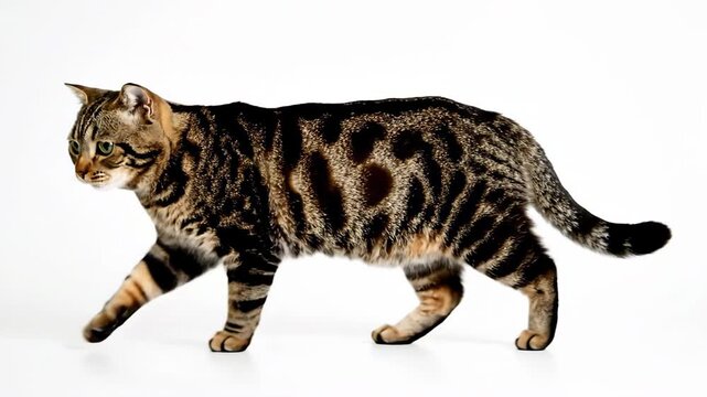 Perfectly aligned seamless loop of a striped house cat walking continuously across a pure white void background creating perpetual motion display footage vfx plate, side view, white void
