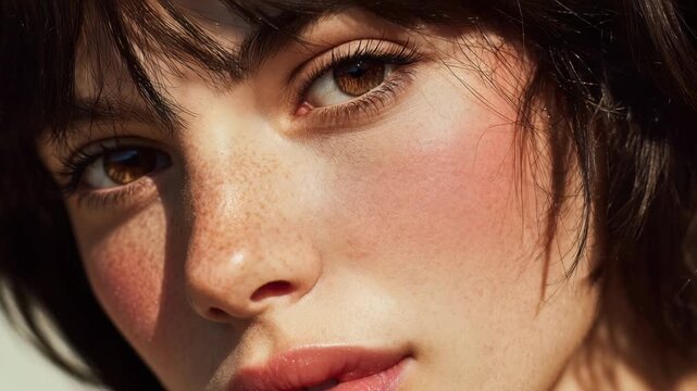 Close-up of Beautiful Young Woman with Freckles and Natural Glowing Makeup