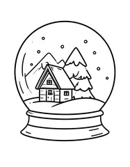 Black and white illustration of a snow globe with cabin and trees