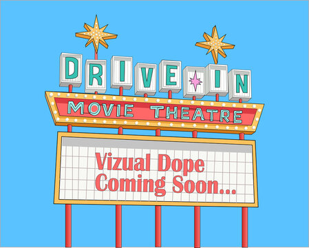 Retro 1950s style drive-in movie theatre neon sign illustration with "Coming Soon" marquee