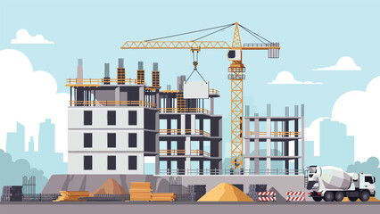 Fototapeta premium Active urban construction site featuring a tall crane and a multi-story building frame with a cement mixer truck and raw building materials.