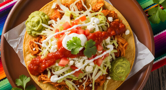 A delicious mexican chalupa topped with shredded chicken lettuce tomatoes cheese and salsa served on a brown plate