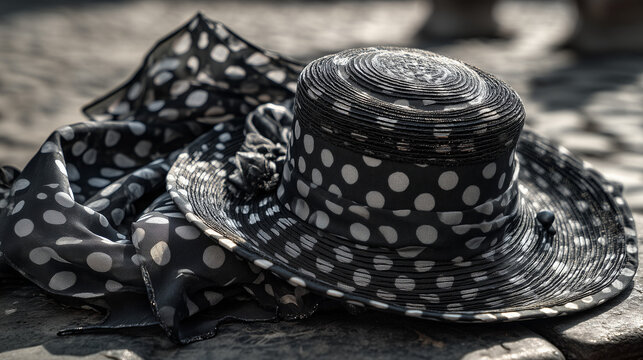 A black and white polka dot hat and scarf lay on a stone surface in the Cord&atilde;o da Bola Preta, Brazil, during a cultural event.