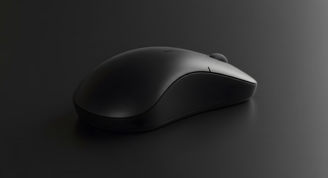 A black computer mouse rests on a dark surface, casting gentle shadows