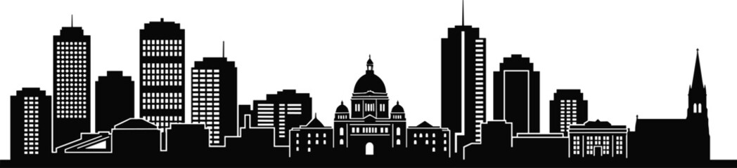 Obraz premium City skyline silhouette illustration, modern urban downtown buildings panorama, black and white architecture vector design cityscape minimal business travel branding