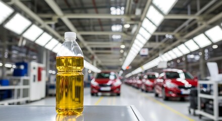 Engine Oil Bottle on Automotive Assembly Line with Cars in Factory Background, Vehicle Manufacturing Process, Industrial Production, Auto Industry Equipment and Mechanical Technology