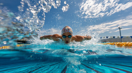 Swimmer in butterfly stroke outdoor pool, intense focus, splashing water, sunny day