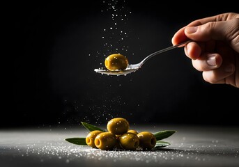 Green Olives Sprinkled with Salt on Spoon in Dark Background, Gourmet Mediterranean Food Photography, Fresh Ingredients, Culinary Preparation and Fine Dining Style Image