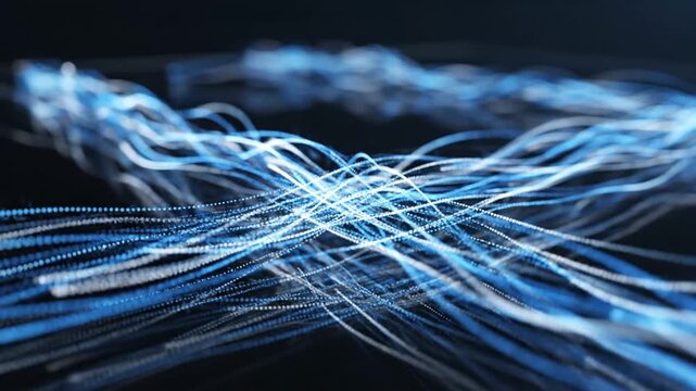 A dark, abstract image of wavy blue and white light trails, with a reflective surface