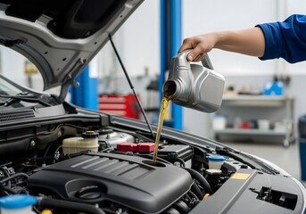 Mechanic Pouring Engine Oil into Car Motor During Maintenance Service, Automotive Repair Workshop, Vehicle Engine Care, Professional Auto Service and Mechanical Performance Check