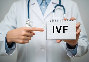Medical Doctor Pointing at IVF Text Card in Clinic, In Vitro Fertilization Procedure, Fertility Treatment Services, Reproductive Healthcare, Infertility Care and Modern Medical Support