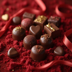 Gourmet Artisanal Chocolate Truffles on Velvet Crimson Dust
