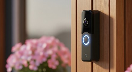 Smart Video Doorbell Installed on Front Door with Camera and Ring Light, Home Security Technology, Wireless Surveillance Device for House Entrance and Modern Residential Safety