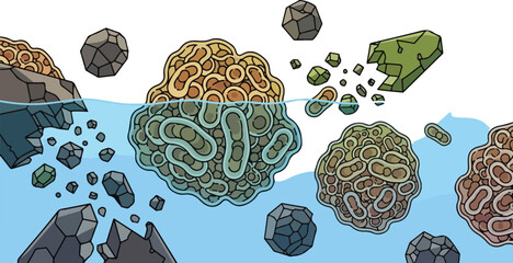 Illustration of abstract creatures and rocks in a body of water from an aerial viewpoint