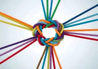 Colorful Ropes Tied in Strong Knot with Multiple Lines Connected Together, Symbol of Teamwork, Connection, Strength, Unity and Collaboration on Clean White Background