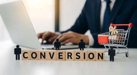 Online Shopping Conversion Rate Growth with Businessman Using Laptop, Mini Shopping Cart and Percentage Icons, Digital Marketing Strategy, Ecommerce Sales Performance and Revenue Optimization