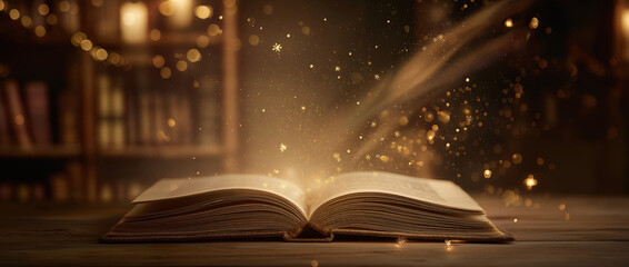 Naklejka premium A book opens and light and sparkles emerge from it, created AI