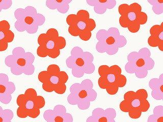 Seamless daisy floral pattern with red and pink flowers