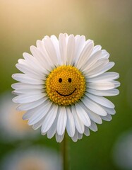 Fototapeta premium A cheerful daisy features a smiling face at its center, combining nature's beauty with a playful touch of whimsy in a vibrant background.