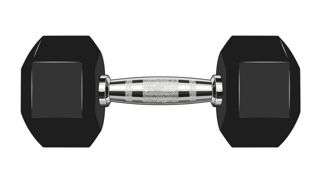 Single black hexagonal dumbbell isolated on white background for fitness and strength training.