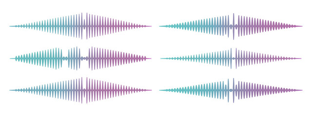 Podcast wave collection with neon gradient circular patterns and horizontal soundwaves on dark background. Audio frequency lines in cyan, blue and magenta - radial bursts and streaming podcast icons.