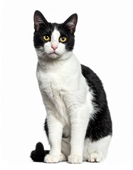 Obraz premium A black and white cat sits gracefully, yellow eyes fixed, against a pristine white backdrop