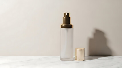 Naklejka premium Minimalist Design of a Frosted Glass Spray Bottle with a Polished Gold Cap Placed on a White Marble Surface with Sharp Geometric Studio Shadows