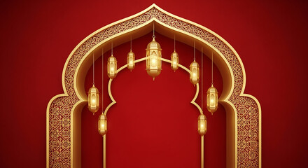 Golden archway with hanging lanterns on red background