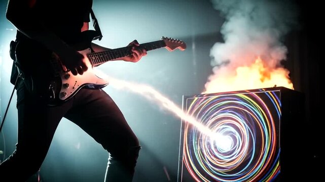 Guitarist plays electric guitar with lightning effect on amplifier on fire.