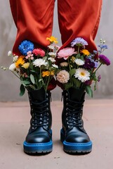 Surreal fashion concept of black leather combat boots with blue soles filled with a lush bouquet of colorful wildflowers, creative botanical footwear.