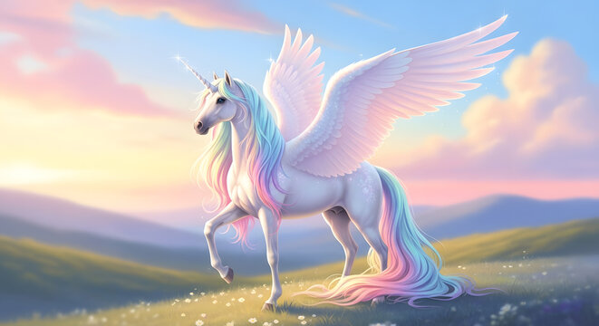 A majestic white alicorn with a spiral horn and large wings standing in a field with a rainbow colored mane and tail at sunset