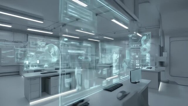 Futuristic Laboratory Interior with Holographic Displays and Advanced Technology.