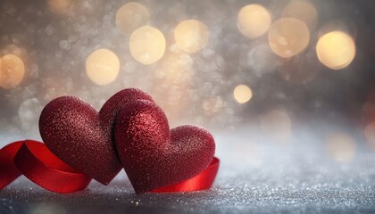 Fototapeta premium Two shimmering maroon hearts rest on a glittering surface with warm bokeh lights illuminating the background