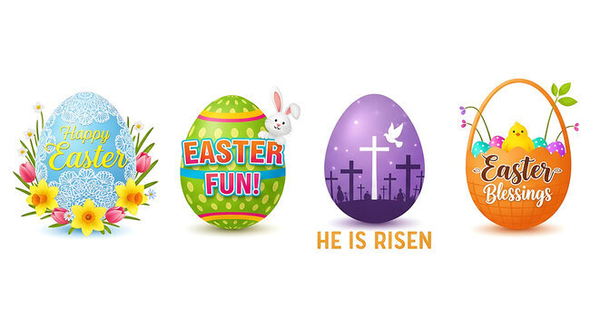 Happy easter egg collection with easter blessings and he is risen message