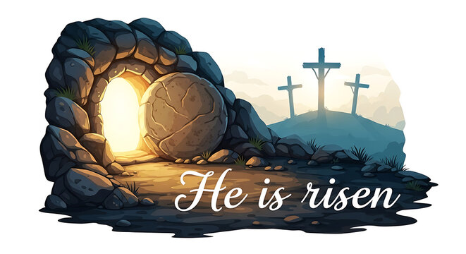 He is risen easter illustration with empty tomb and crosses