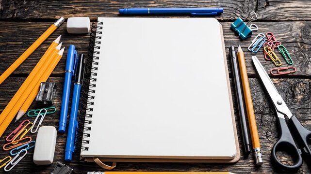 Perfectly composed aerial flat lay shot of assorted essential generic school supplies including a blank notebook neatly arranged on a dark rustic wooden table texture, workspace, school