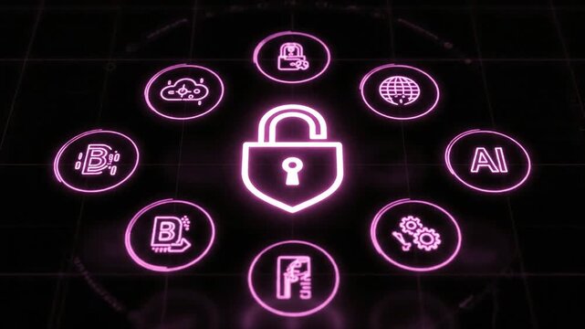 Neon security padlock with holographic digital icons on black background