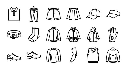 Golf clothing and apparel outline icon set with shirt, cap, shoes and gloves © Mahmudul