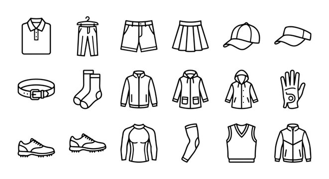 Golf clothing and apparel outline icon set with shirt, cap, shoes and gloves