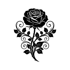 An ornate black rose illustration with swirling leaves and stem, depicted from a front view